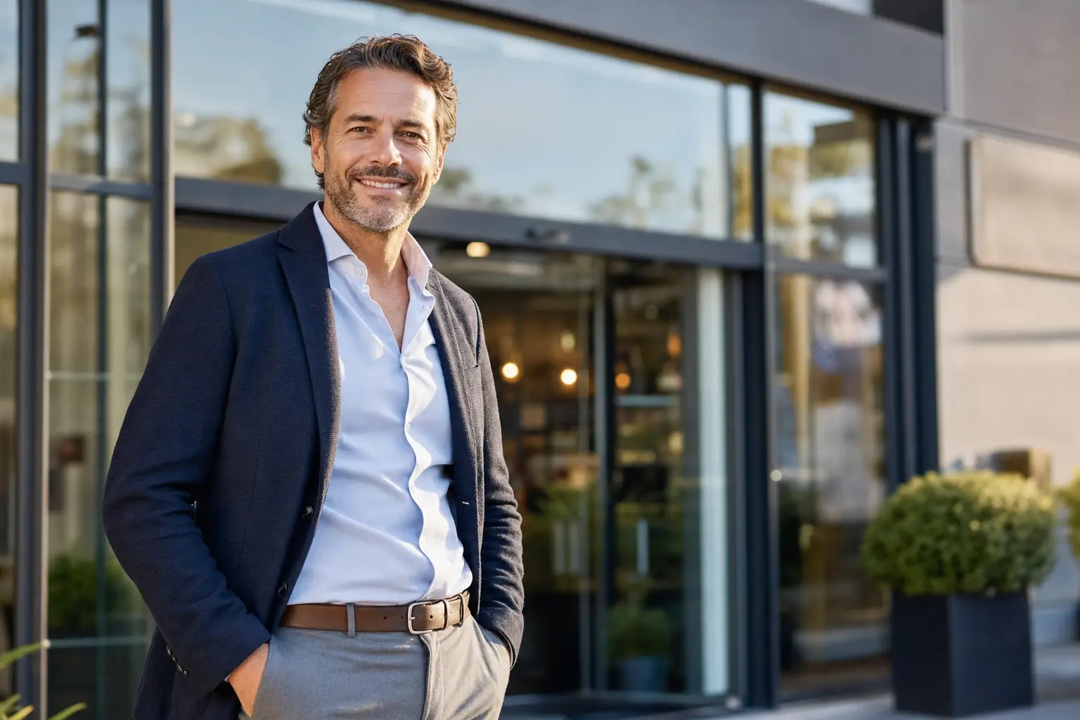 Entrepreneur satisfait devant l'entrée de son entreprise